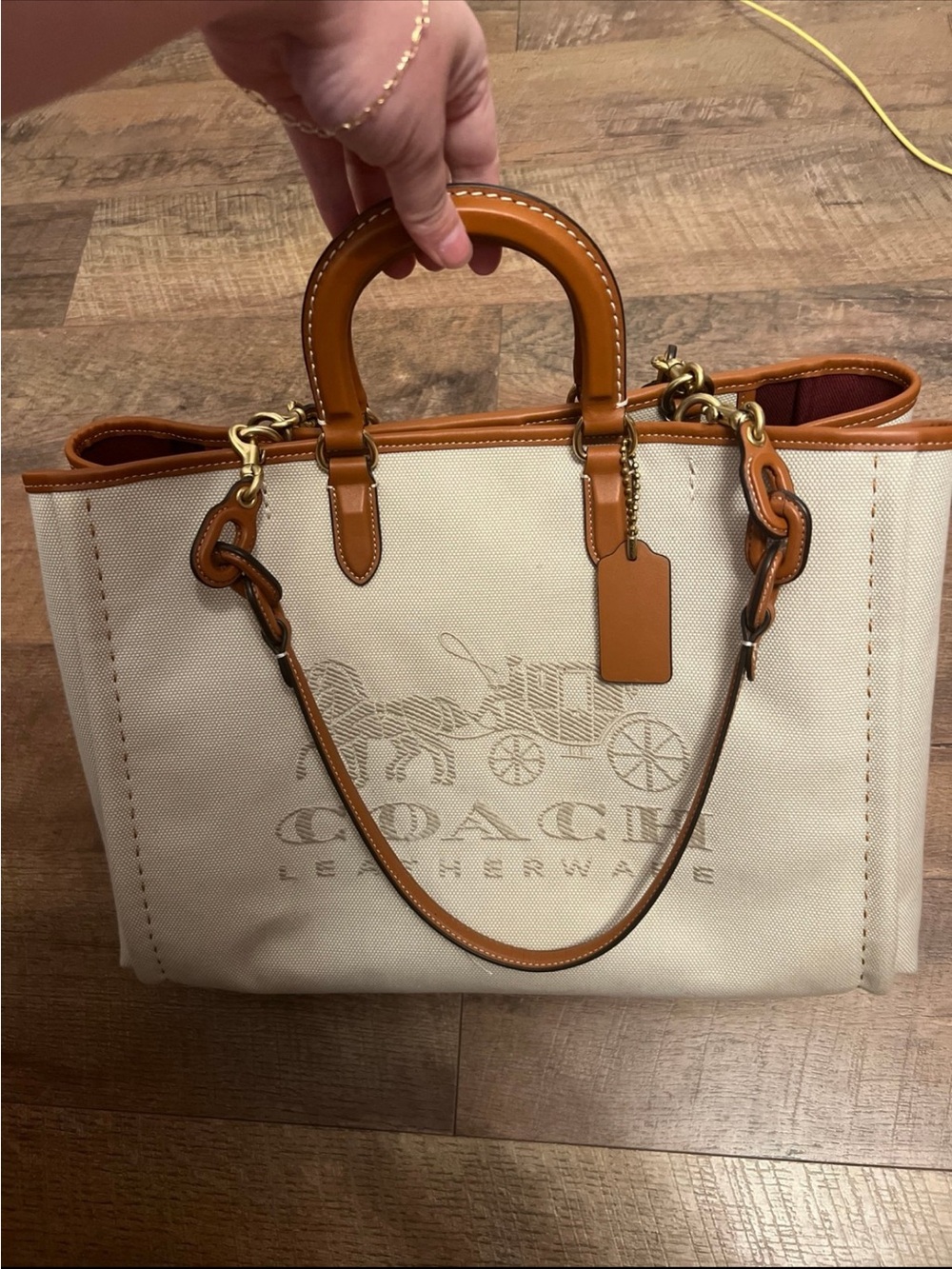 Coach Reese 28 Canvas Tote with Tan Leather Trim - Cream/Tan